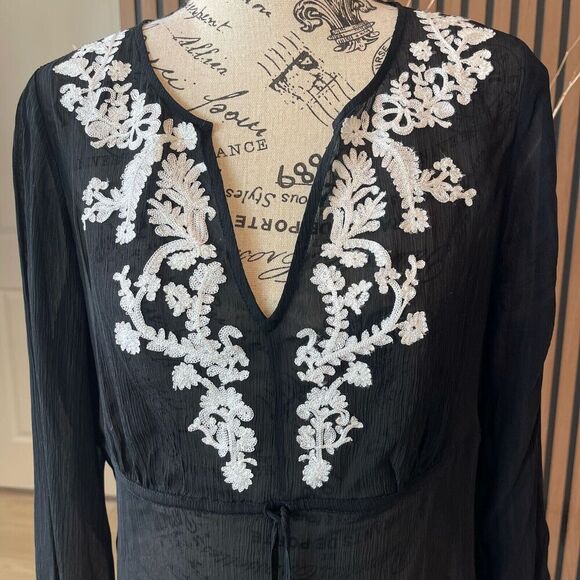 I.E. Woman Silk‎ Tunic Blouse Women Small Black Embriodered Sheer Chiffon - Picture 2 of 8
